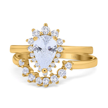 14K Yelow Gold Teardrop Two Piece Art Deco Simulated CZ Wedding Ring Curved Band Size-7